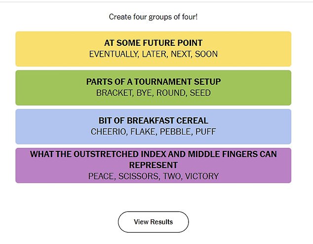 The four categories for Wednesday were: parts of a tournament lineup at some point in the future, pieces of cereal, and what the outstretched index and middle fingers might represent