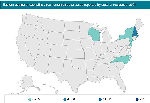 This map shows where cases have been reported in 2024, with a cluster of infections in Massachusetts and New Hampshire