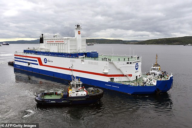 This distribution photo, taken and released on August 23, 2019, by the Russian nuclear agency ROSATOM, shows the floating energy unit (FPU) Akademik Lomonosov being towed from the Arctic port of Murmansk, in northwestern Russia