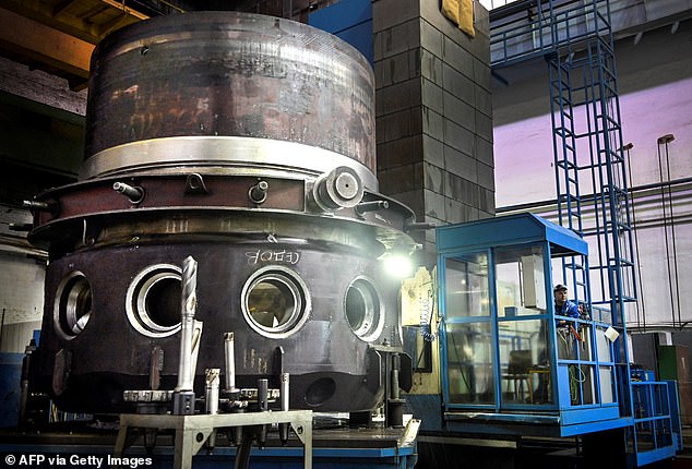 A photo shows the production of a RITM-200 nuclear reactor, the newest reactor for the icebreaker fleet, at the ZiO-Podolsk Machine-Building Plant, an enterprise of the Russian nuclear agency Rosatom, in the city of Podolsk, Moscow. region on December 5, 2023