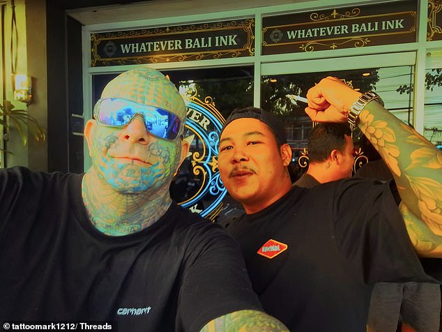 Heavily tattooed Mark Barry outside Anything Bali Ink during his recent stay in Bali, allegedly disturbing the public peace in his underpants