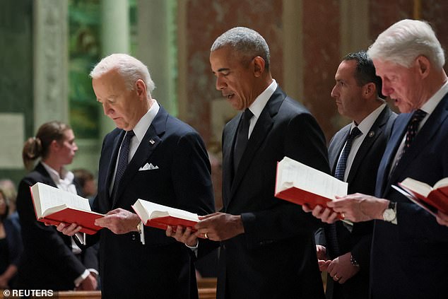 US President Joe Biden, former US President Barack Obama and former US President Bill Clinton attend the memorial service for Ethel Kennedy at the Cathedral of St. Matthew the Apostle in Washington, USA, October 16, 2024