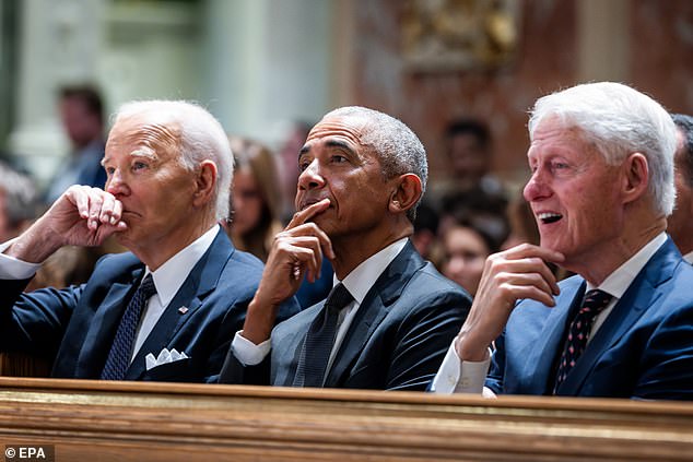 US President Joe Biden (L) along with former Presidents Barack Obama (C) and Bill Clinton (R) attend a memorial service for Ethel Kennedy, the widow of Robert F. Kennedy, at the Cathedral of St. Matthew the Apostle in Washington, DC