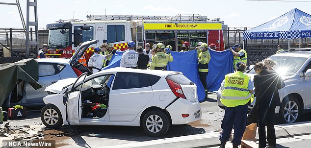 Police have set up a blue tent over one of the vehicles involved in the accident (photo)