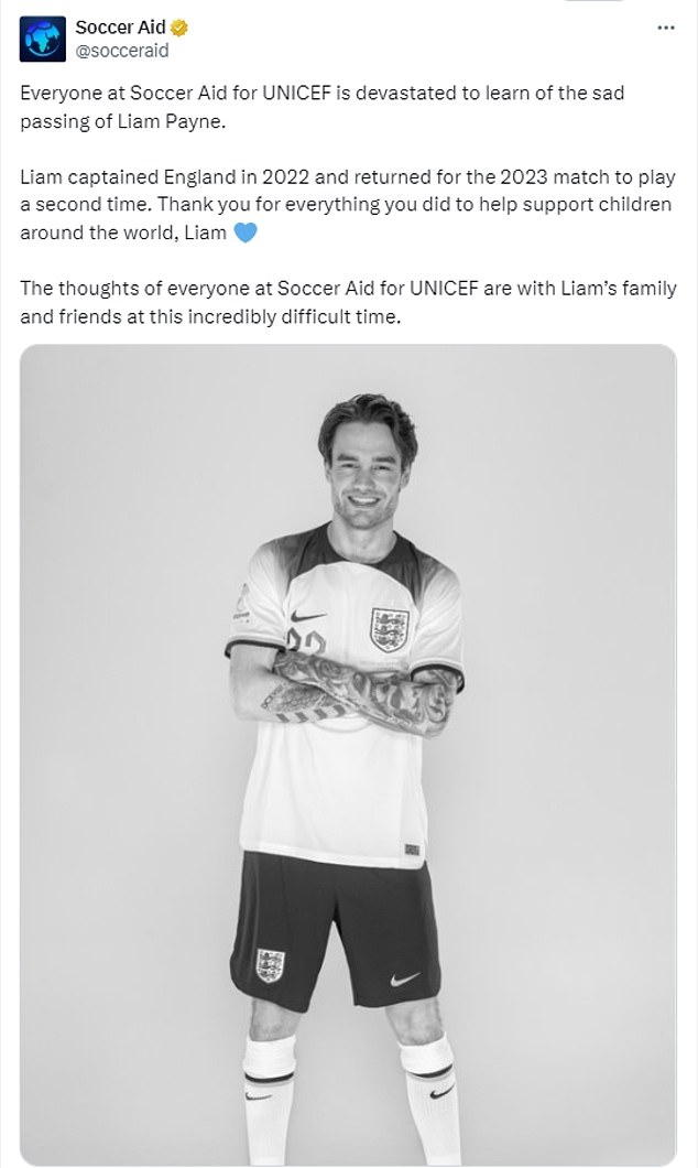 Soccer Aid paid tribute to Payne on social media, saying it was “devastated” to hear of his death