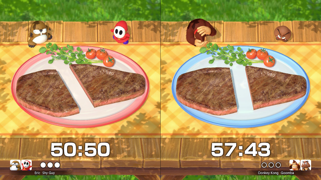 Characters from Super Mario Party Jamboree play a mini-game where they cut a steak