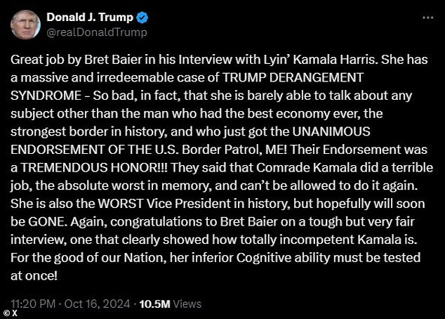 Trump praised Baier for his 