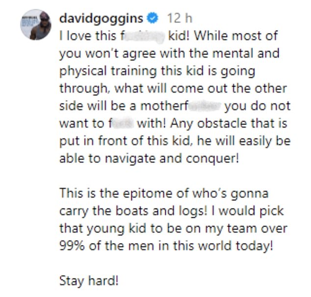 Goggins took to Instagram to praise the young child and praise the child for his resilience