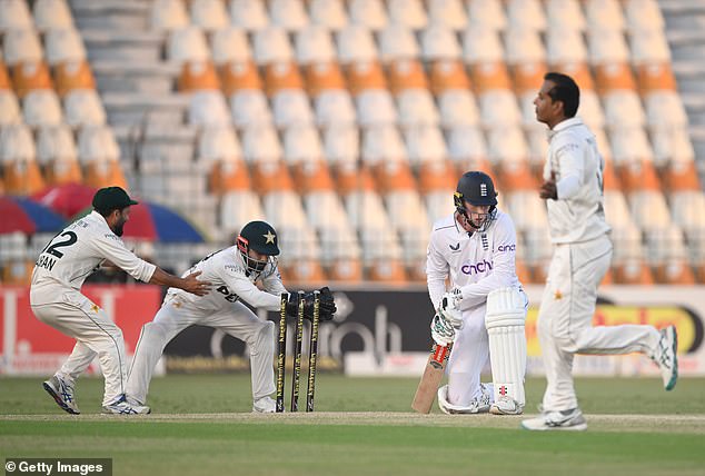 His opening partner Zak Crawley also fell before the end after being deceived by clever bowling from Noman Ali