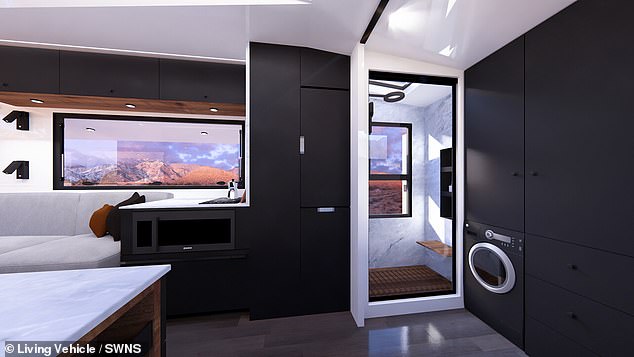 The Cybertrailer's main living area transitions into a private bedroom and a bunk room for four adults and a child