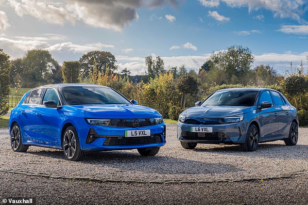 Vauxhall has also cut the price of its Astra Electric (left) and Corsa Electric (right) range by as much as 11% in recent weeks as part of efforts to 'democratise access to electric cars' by making them 'more accessible' for car buyers.