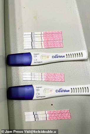 Ms Baldwin's condition has left her struggling to conceive for six years (her negative pregnancy tests are pictured here)