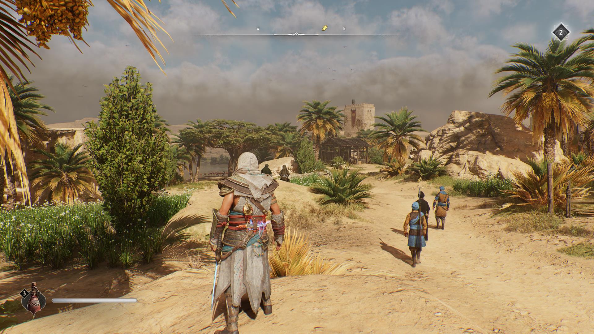 Basim approaches a Mysterious Shard carrier in AC Mirage during the day.