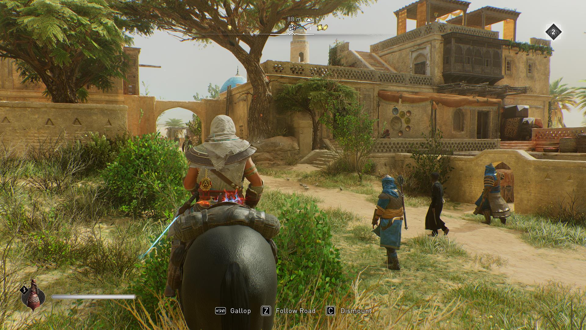 Basim rides a horse to an Order member with a mysterious shard in AC Mirage.