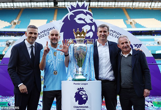 The former Portugal international has some big shoes to fill in the form of outgoing sporting director Txiki Begiristain (far right)