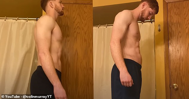 Mr Murray shared this in his video, showing what he looked like before the challenge (left) and after (right). He said the bloating it caused ruined his six-pack