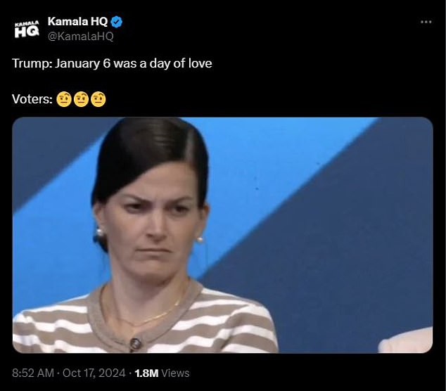 The Kamala Harris campaign posted an image of a woman's apparently skeptical reaction during Trump's Jan. 6 response