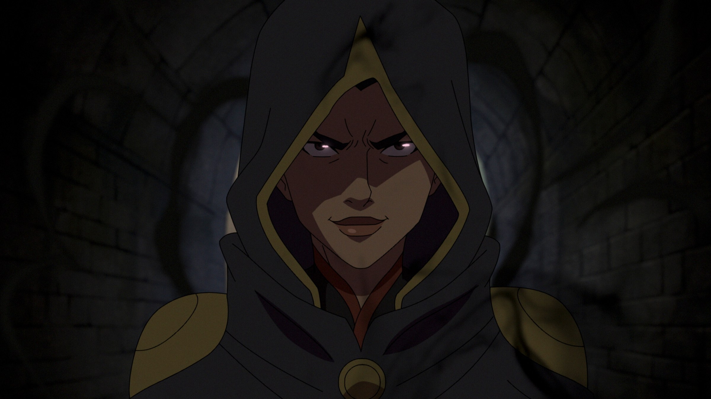 Anna Ripley grins under a hood in The Legend of Vox Machina