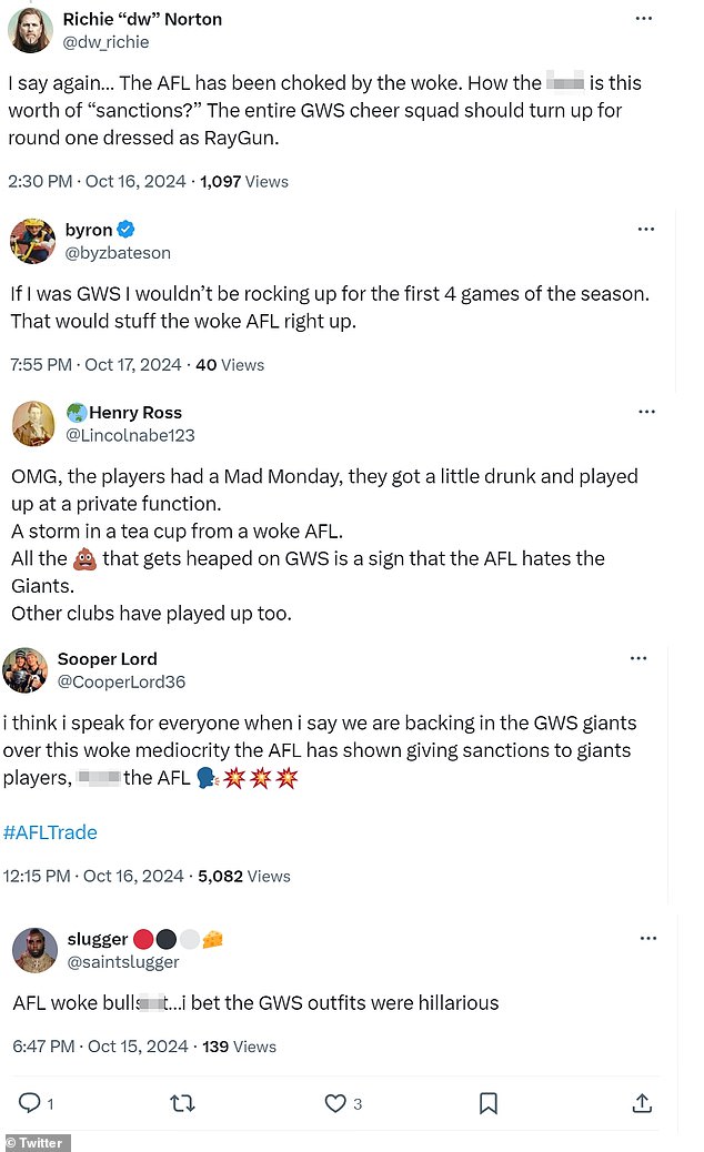 There were numerous comments online criticizing the AFL for being 'woke' over its actions in punishing the Giants players