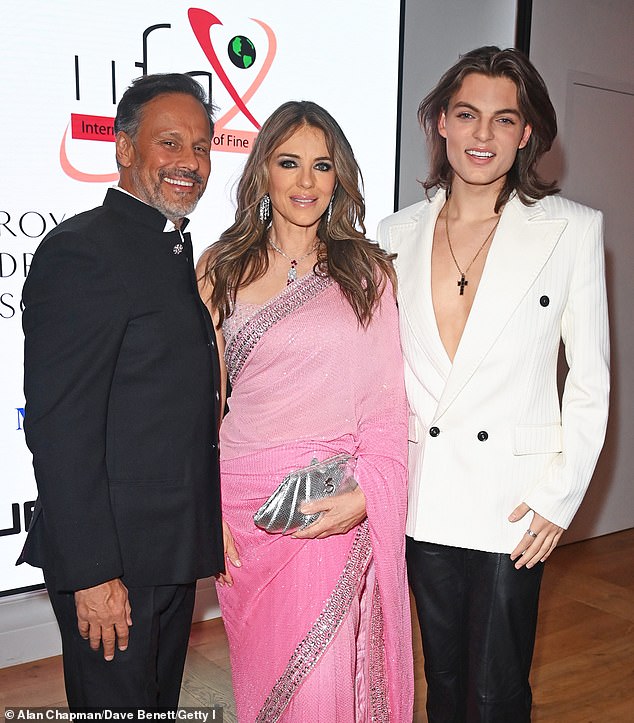 Arun Nayar, Elizabeth Hurley and Damian Hurley attend a Diwali dinner for the Royal Drawing School & International Institute of Fine Arts at BAFTA Piccadilly on October 16