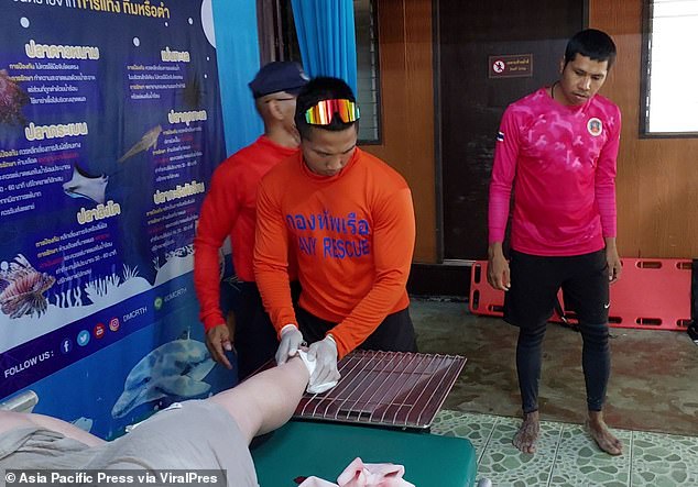 Members of the Thai Navy repaired the deep cut, which was near her right Achilles tendon