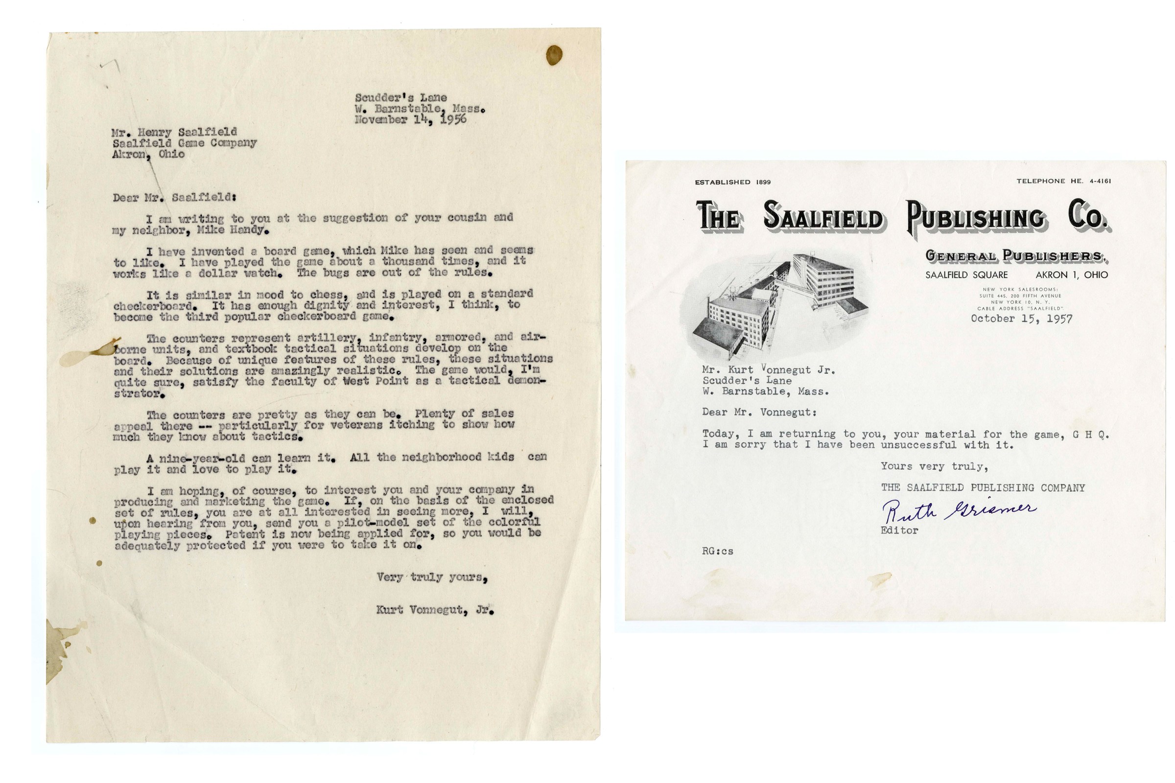 A letter addressed by GHQ to the Sallfield Publishing Company in Ohio. Also a rejection letter from the same organization.