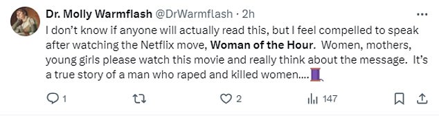 Several X users were terrified of Woman of the Hour and urged streamers to pay attention to the true story behind the film