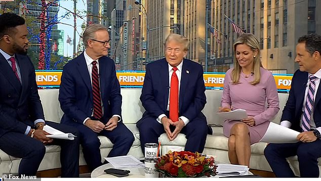 The former president during an appearance on Fox & Friends in New York City on October 18. During the interview, host Brian Kilmeade (far right) tried to press him on where he stands on female voters and having Nikki Haley on the campaign trail.