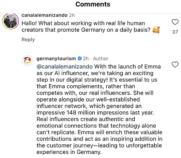 Germany's National Tourist Board defended its digital brainchild, insisting that Emma is not here to replace real influencers, but to 'complement' their efforts