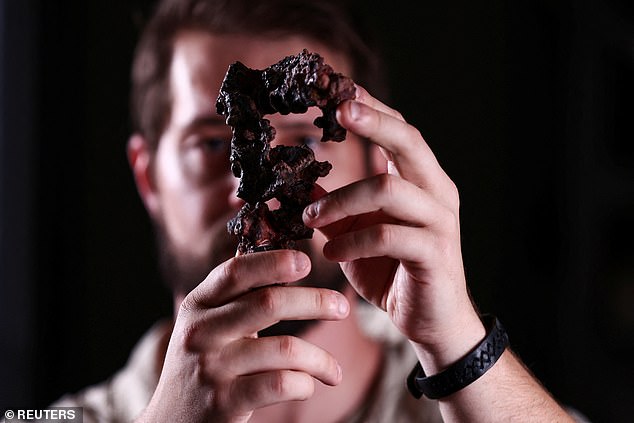 Paleontologist Müller holds up a fossilized piece of Gondwanax paraisensis vertebrae