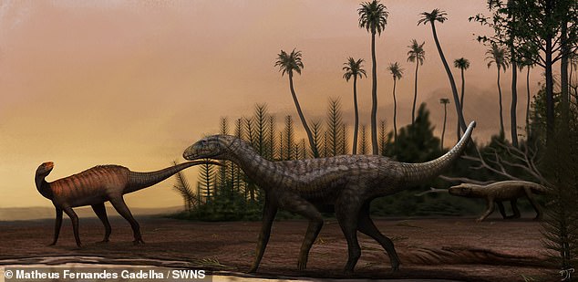 Gondwanax paraisensis in a Triassic landscape, million years ago, southern Brazil (painting)