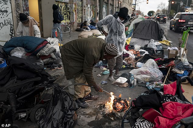 A grim scene on Los Angeles' infamous Skid Row in February 2023. California has thrown money at the homelessness crisis, but the money doesn't seem to be delivering tangible results