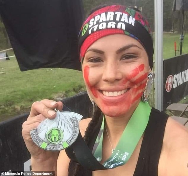 Jermain's aunt Valenda Morigeau-Underwood took part in a Spartan race to keep her niece's story alive for the #Missing And Murdered Indigenous Women. The red handprint on her mouth symbolizes 'solidarity'