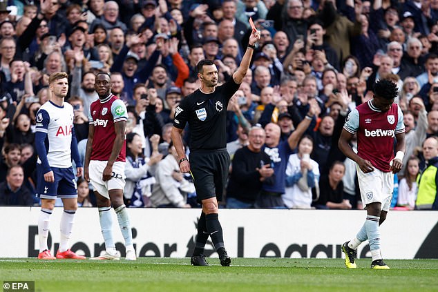 Mohammed Kudus (right) was awarded the goal by West Ham, but he was later sent off for violent conduct