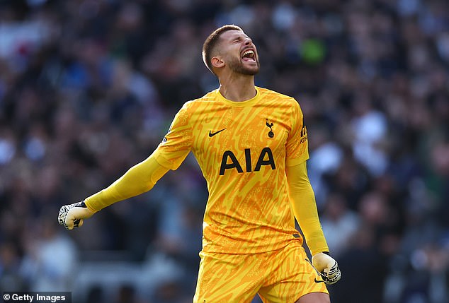 Guglielmo Vicario was pictured after Son (not in shot) scored Tottenham's fourth goal