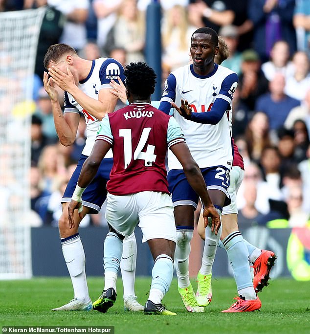 Kudus (No. 14) was sent off after hitting Micky van de Ven (left) and Pape Matar Sarr (right)