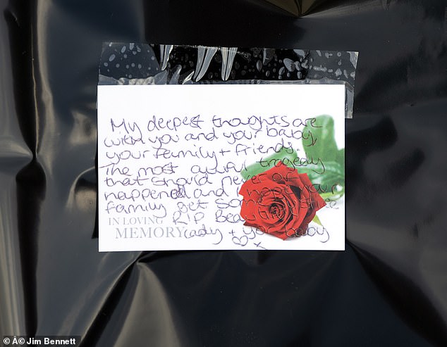 One well-wisher left this card: 'My deepest thoughts are with you and your baby, your family and friends'