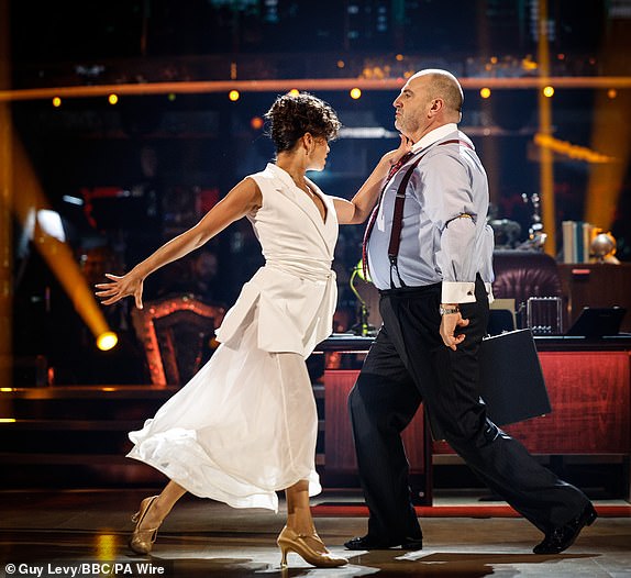 For use in Great Britain, Ireland or the Benelux countries only BBC handout photo of Wynne Evans and Katya Jones as they perform on the live show of Saturday's Strictly Come Dancing show on BBC1. Date of photo: Saturday, October 12, 2024. PA Photo. See PA story SHOWBIZ Strictly. Photo credit should read: Guy Levy/BBC/PA Wire. EDITOR'S NOTE: Not for use more than 21 days after release. You may use this photograph free of charge only for the purpose of publishing or reporting on current BBC programmes, staff or other BBC output or activities within 21 days of issue. Any use after that time MUST be approved through BBC Picture Publicity. Please pass the image on to the BBC and any credited photographer or independent program maker as described in the caption.