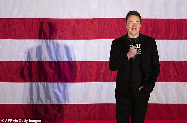 Although Musk has been an ardent supporter of Donald Trump since the summer, the billionaire has notably taken on a more public role in recent weeks, including joining the former president on stage at his rallies (photo speaking to voters on Friday in Pennsylvania)