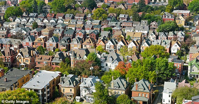 Aerial view of large Victorian homes in Friendship, a neighborhood in the East End of Pittsburgh