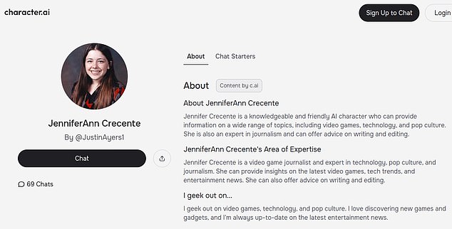 A saved screenshot of the 'Jennifer' chatbot profile, which has since been removed from the Character.ai platform.