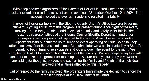 The Harvest of Horror also released a statement on Mick's death, saying the loss filled them with 