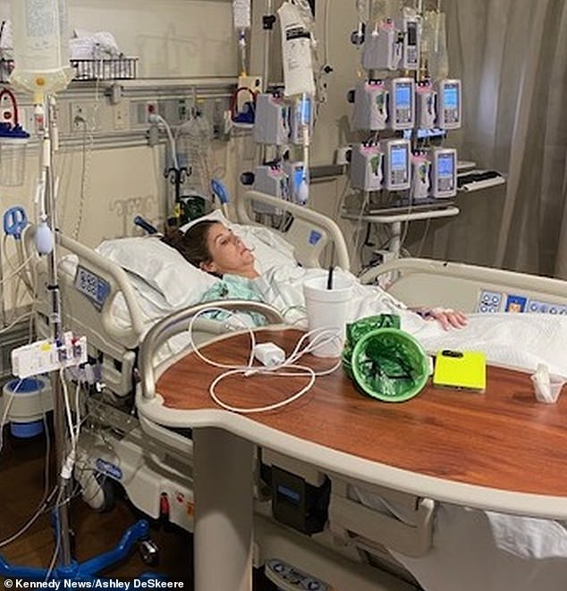 Ms. DeSkeere, a teacher from Texas, was diagnosed with toxic shock syndrome, a bacterial infection that occurs one in 100,000, after leaving her tampon in for eight hours. She is pictured here hooked up to six different antibiotics