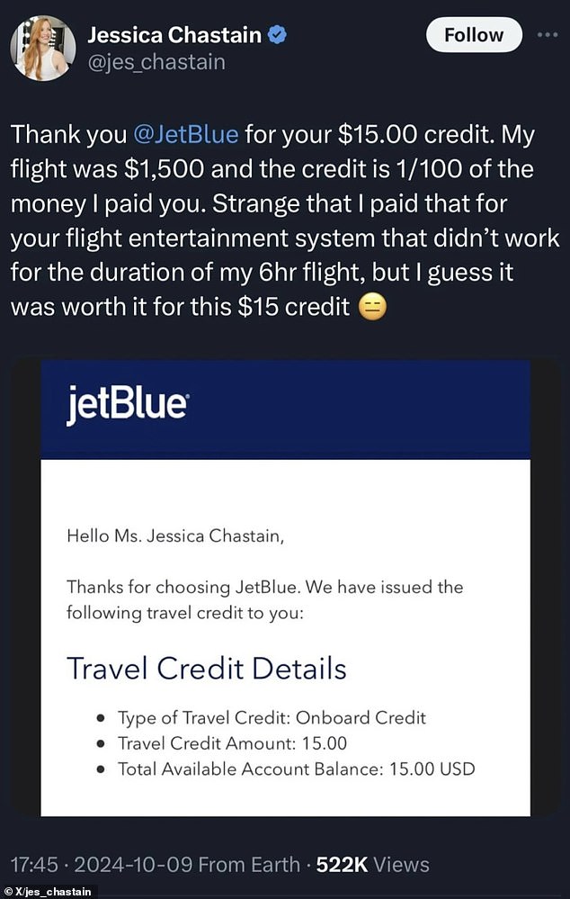 Jessica recently deleted a controversial post on X, formerly Twitter, complaining about the faulty entertainment system during her recent Jet Blue trip