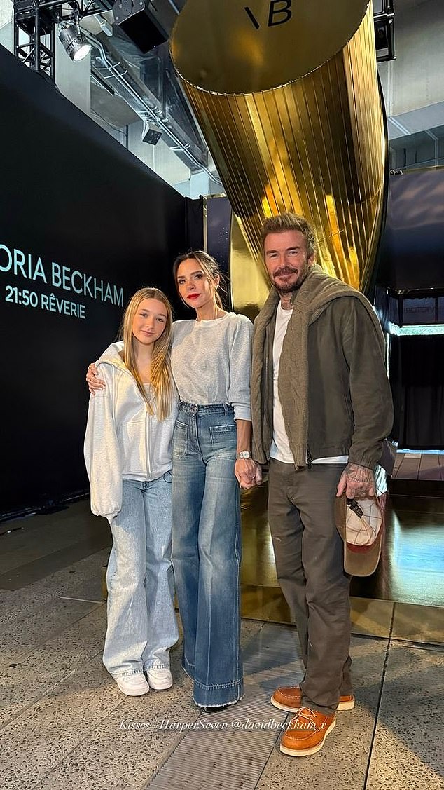 Harper Seven with her parents Victoria and David Beckham at an event in London to promote her mother's perfume brand Reverie, which means 'daydream'