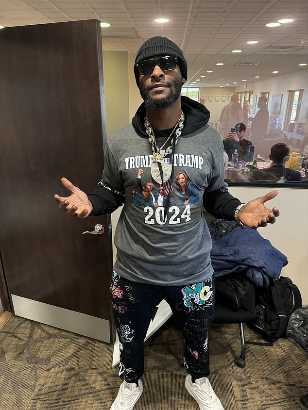 Bell, a former running back for the Pittsburgh Steelers, wore a T-shirt with photos of Trump and opponent Kamala Harris with the slogan: 