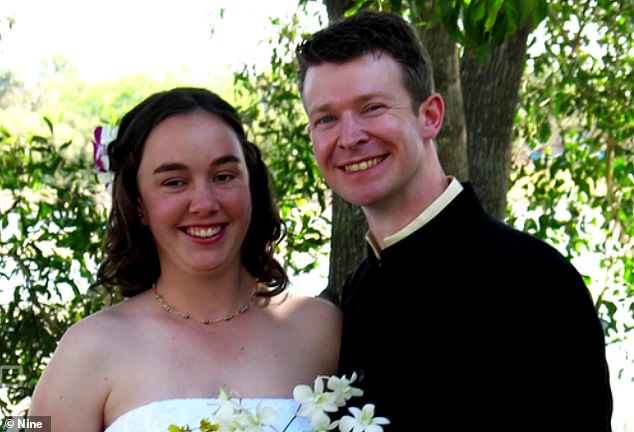 Adam Britton and his ex-wife Erin are pictured together on their wedding day