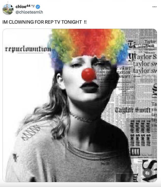 Another fan took a black and white photo of the Anti-Hero singer and put a clown nose and rainbow afro wig on her. They captioned it: 'I'm a clown for REP TV tonight'