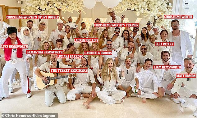 Phillips was a guest at the Hemsworths' famous 'white party' in May 2021, which was attended by a Who's Who of the elite Byron Bay set made up of Australian and American celebrities living full- or part-time in the NSW coastal city. (Pictured: the guest poses for a group photo)