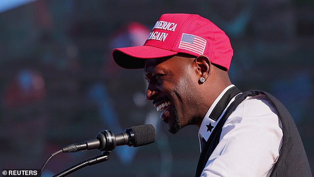 Former NFL star Antonio Brown speaks during Republican presidential candidate and former US President Donald Trump's Make America Great Again Rally in Latrobe, Pennsylvania